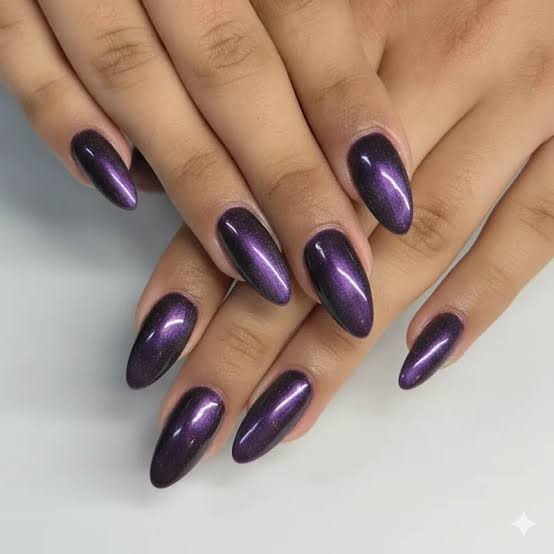 Shimmering Purple Cat Eye Stiletto Nails — Winter Nail Colors for Women Over 60