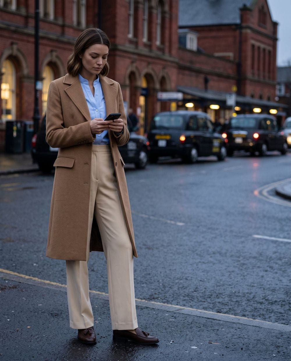 Classic Camel Wool Coat with Cream Trousers — Brown Coat Outfits