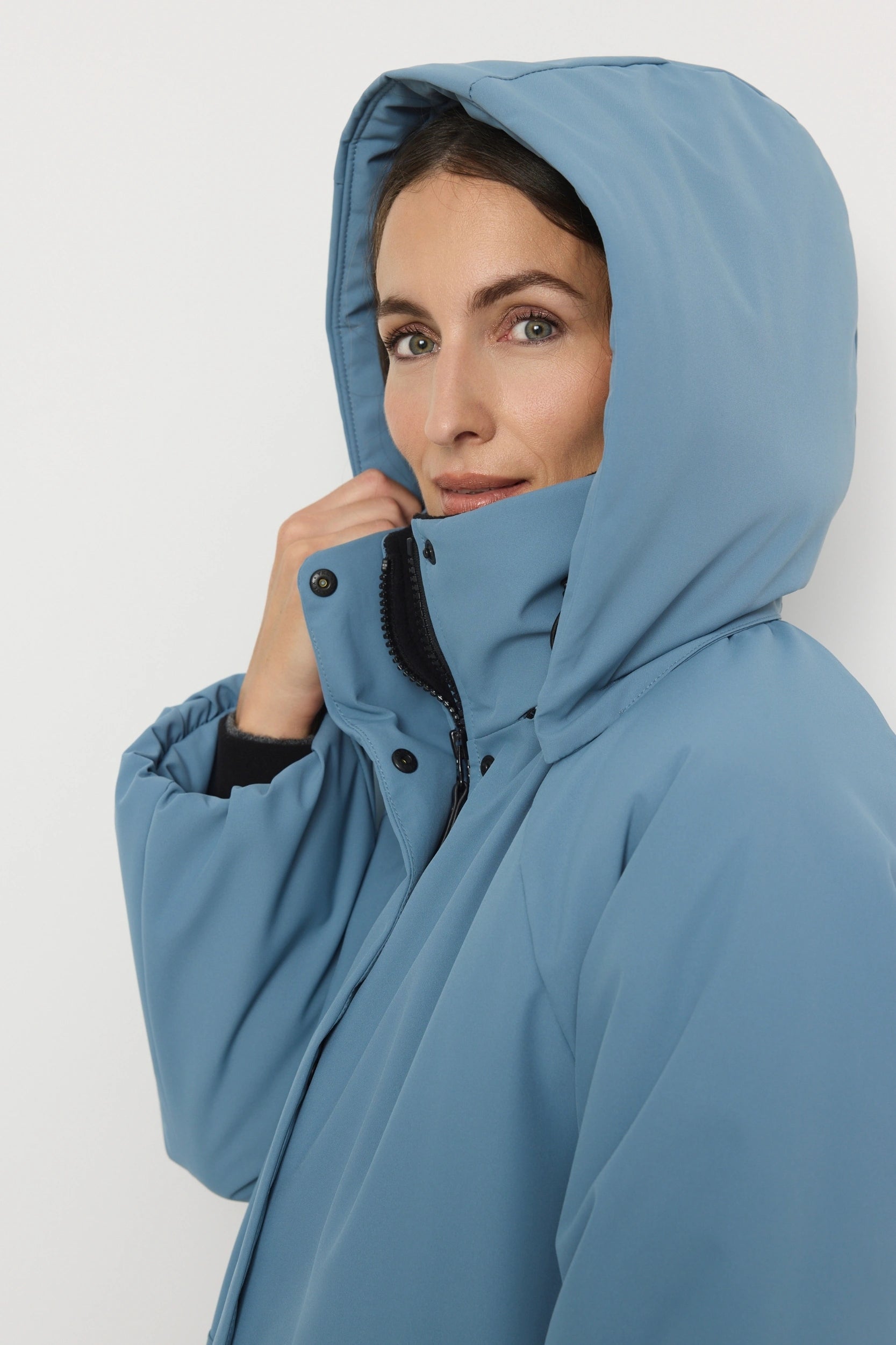 Blue Hooded Winter Coat with Technical Fabric — Winter Coats for Women