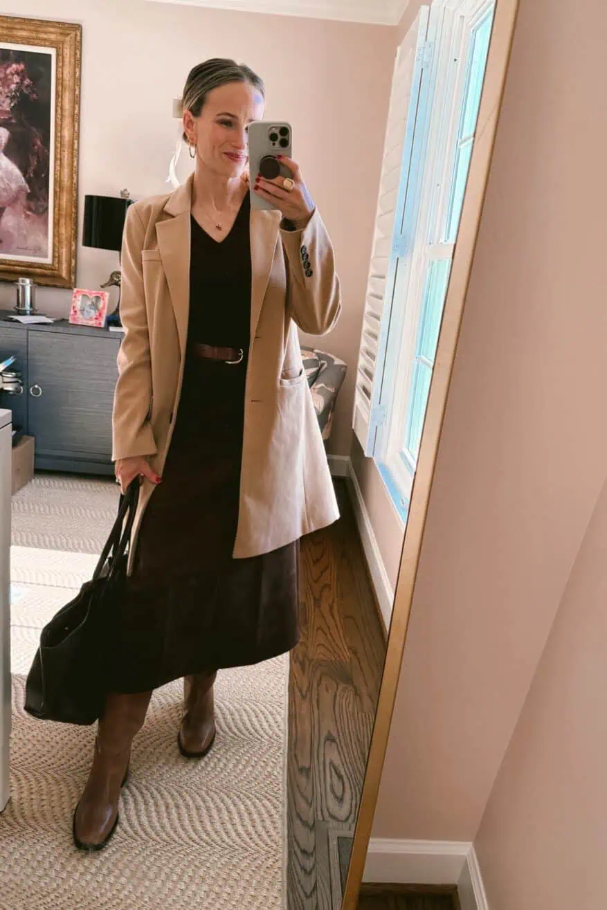 Camel Blazer with Brown Midi Skirt — Winter Going Out Outfits