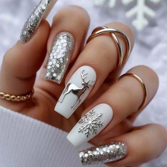 Silver Glitter Reindeer Matte Coffin Nails Silver Glitter Reindeer Matte Coffin Nails β Christmas Nails 2026