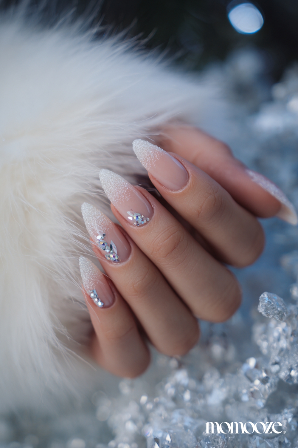 Glitter French Stiletto with Rhinestones Glitter French Stiletto with Rhinestones β Winter Wedding Nails