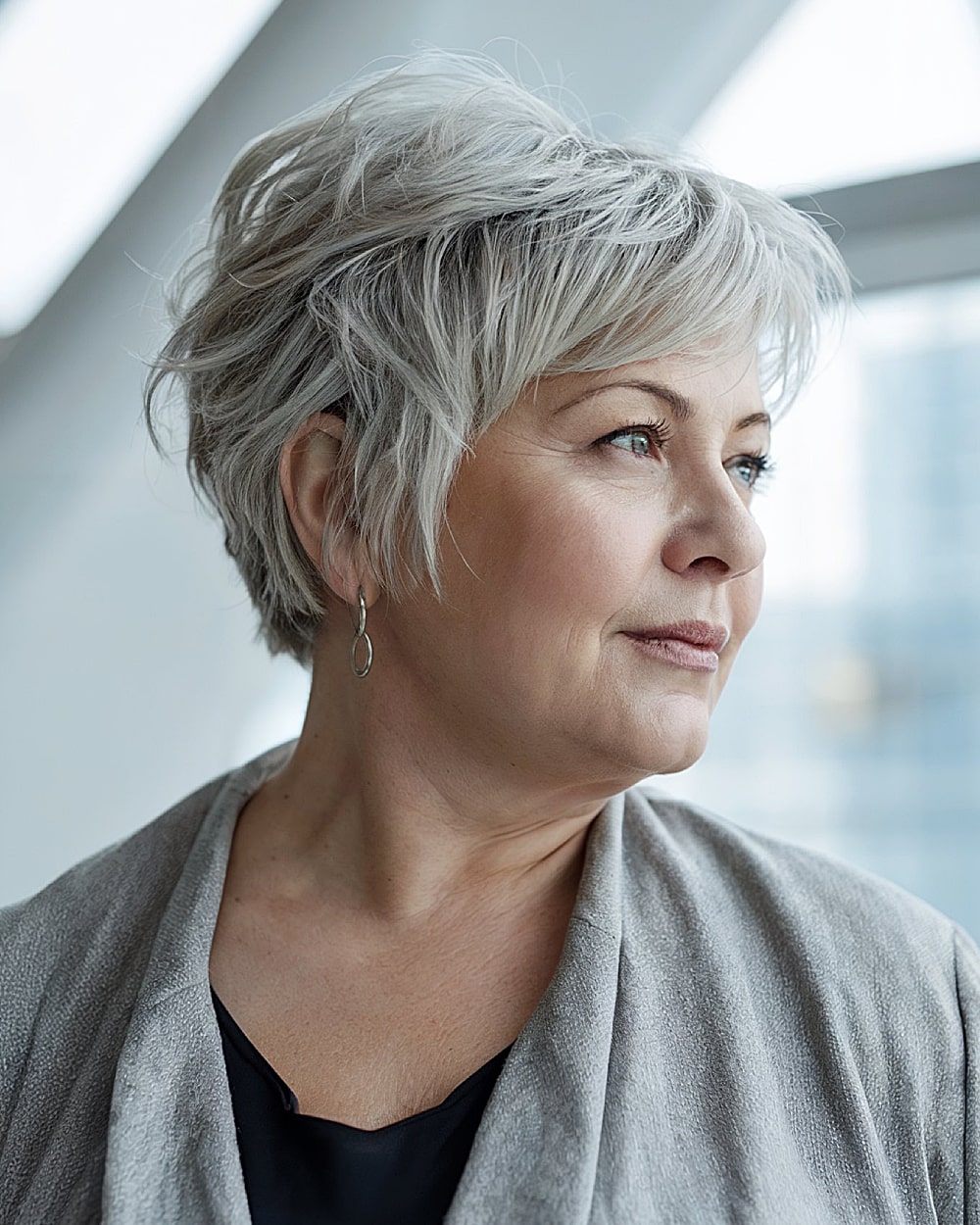 Ear Textured Grey Pixie With Side Bangs Ear Textured Grey Pixie With Side Bangs β Winter Haircuts for Square Faces