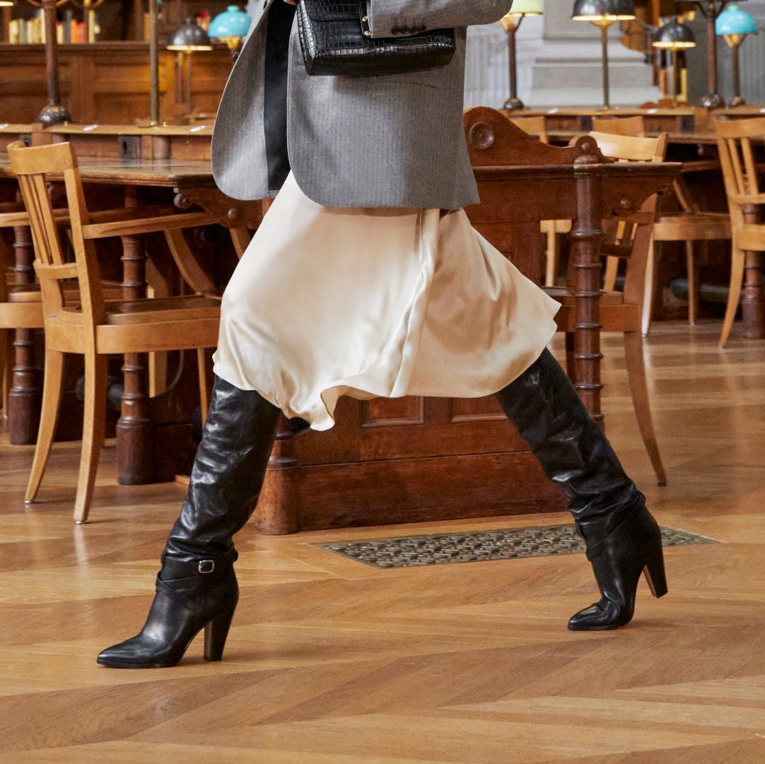 Elegant Buckle Detail: Knee-High Boots with Satin Slip Dress and Grey Blazer Elegant Buckle Detail: Knee-High Boots with Satin Slip Dress and Grey Blazer β Black Boots Outfits