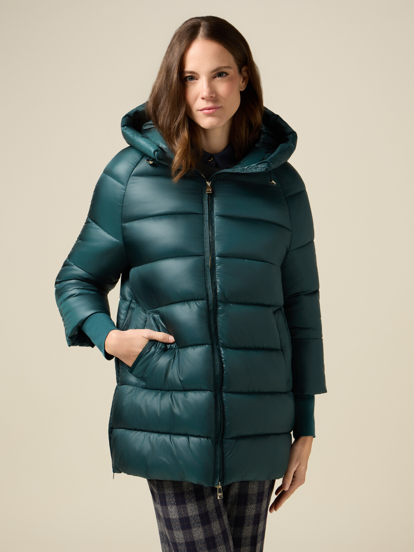 Teal Quilted Puffer Coat With Plaid Pants — Long Puffer Coat Outfits