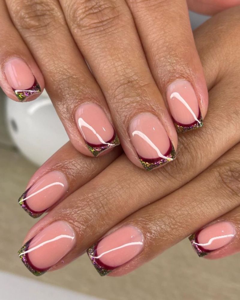 Glitter Accent Dark Red French Tips Glitter Accent Dark Red French Tips β Winter French Tip Nails