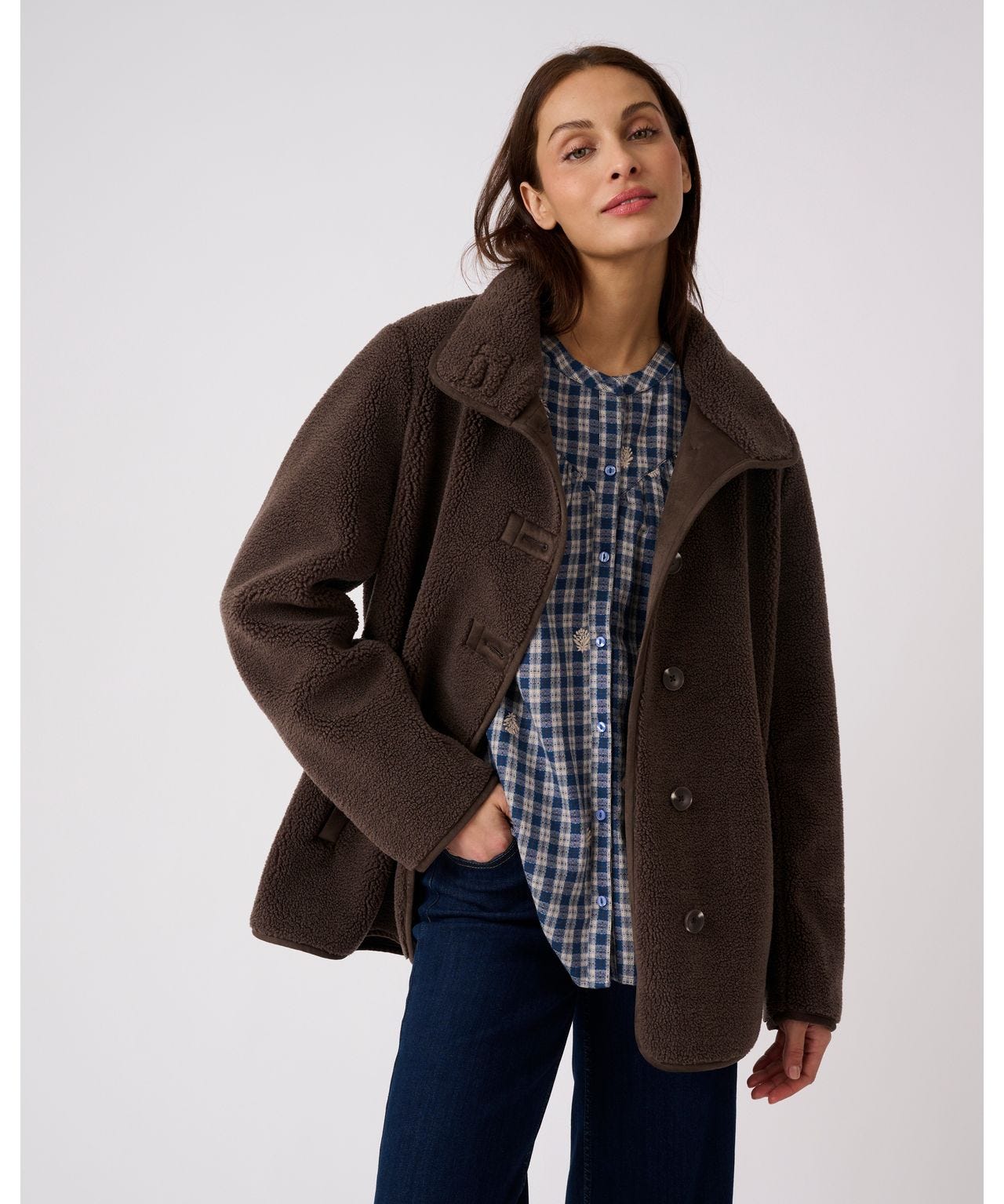 Brown Fleece Jacket Over Plaid Collared Shirt and Jeans — Shearling Coat Outfits