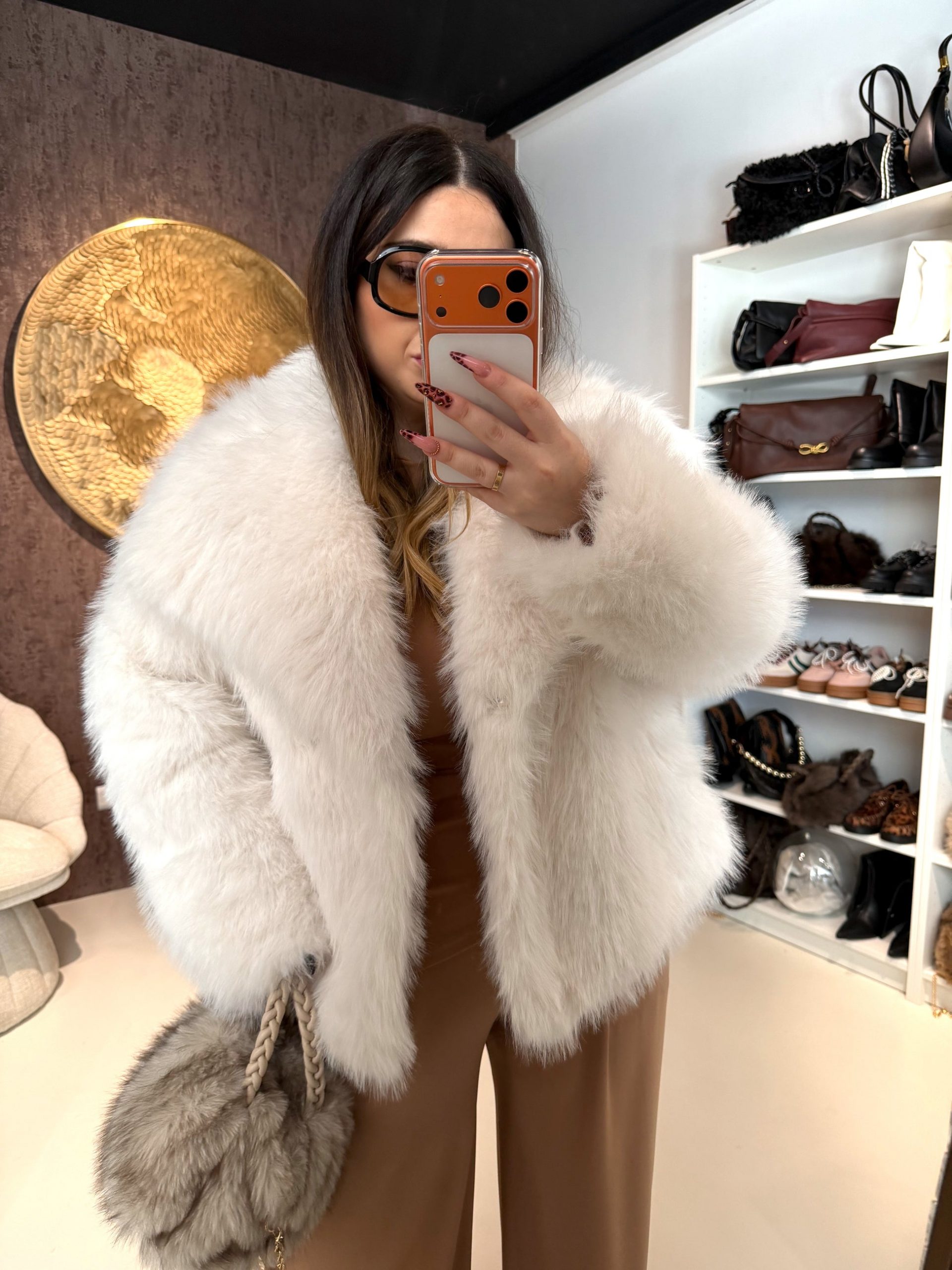 White Eco-Fur Jacket Over Tan Jumpsuit White Eco-Fur Jacket Over Tan Jumpsuit β Baddie Winter Outfits
