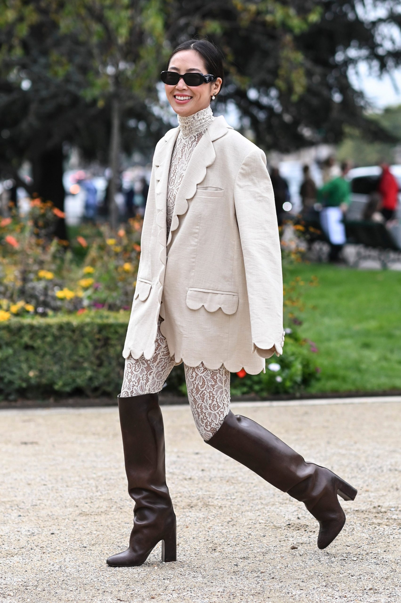 Elegant Beige Blazer with Lace Top and Dark Brown Knee-High Boots — Winter Boots Outfits