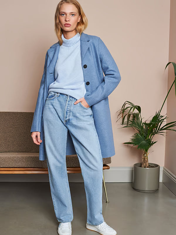 Classic Winter Layers: Blue Coat with Straight Leg Jeans — Winter Outfits with Wide Leg Jeans