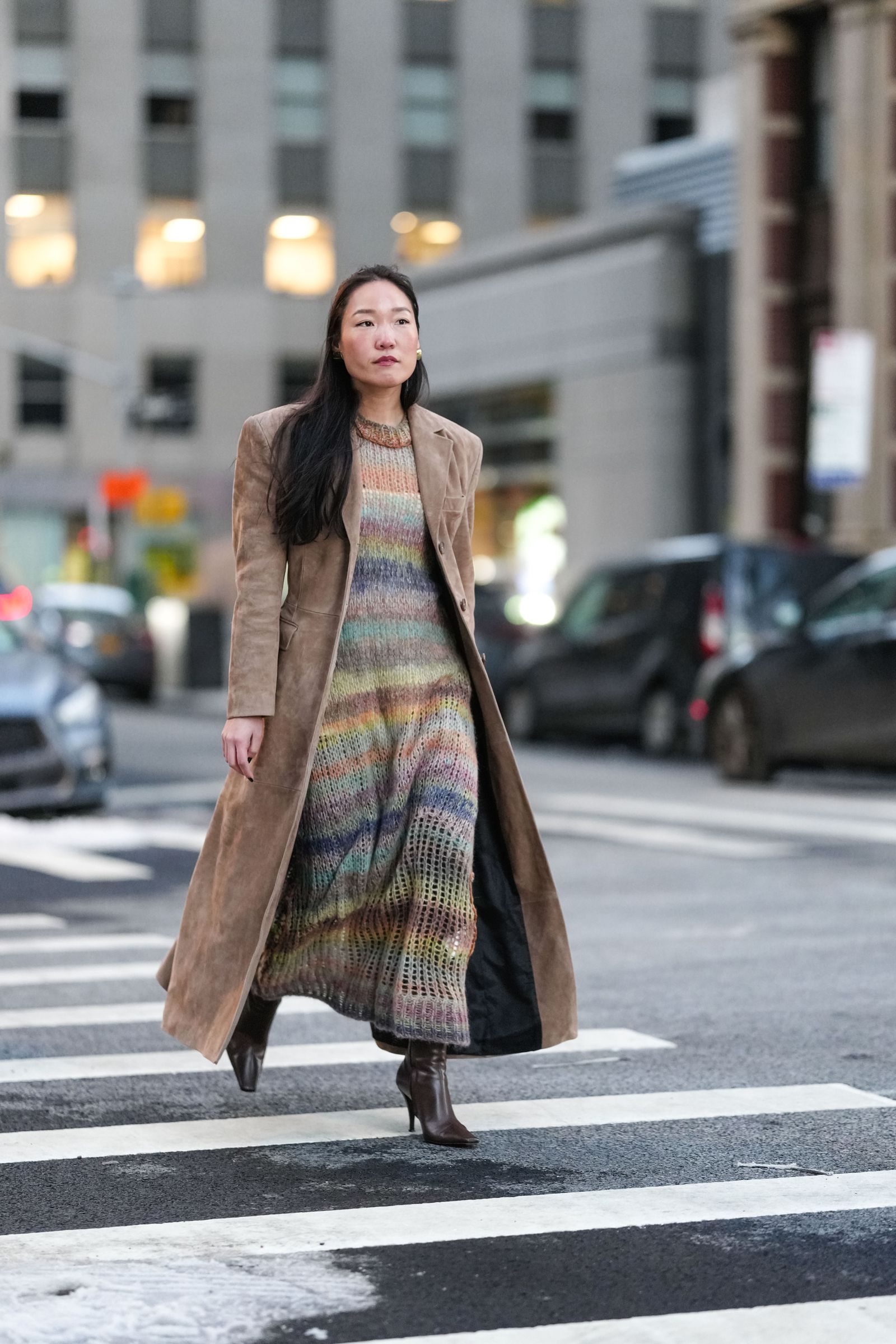Long Brown Suede Coat Over a Multicolored Knit Dress — Italy Winter Outfits