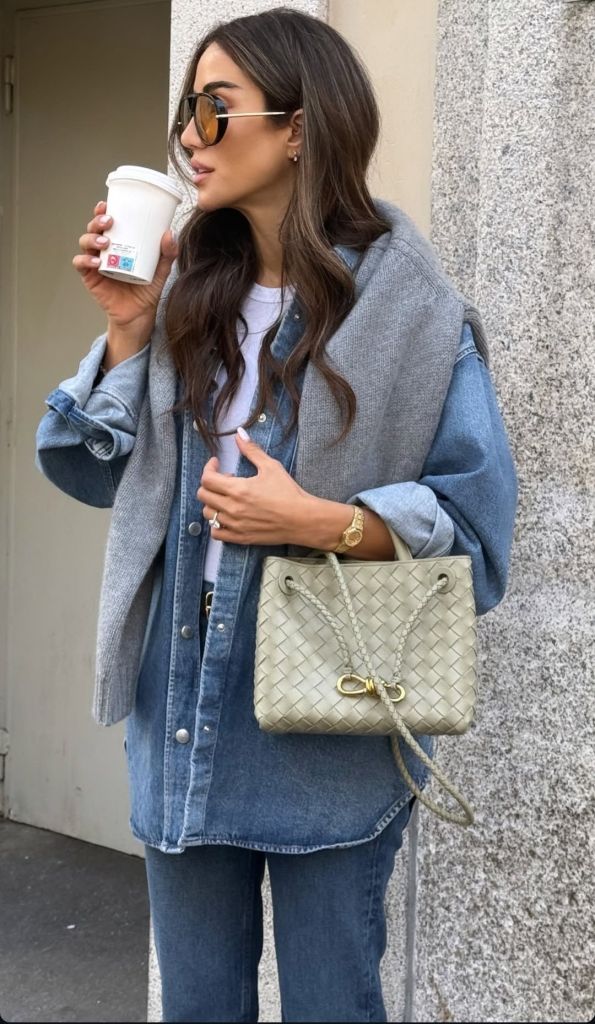 Denim Shirt with Draped Sweater and Jeans Denim Shirt with Draped Sweater and Jeans β Winter to Spring Transition Outfits