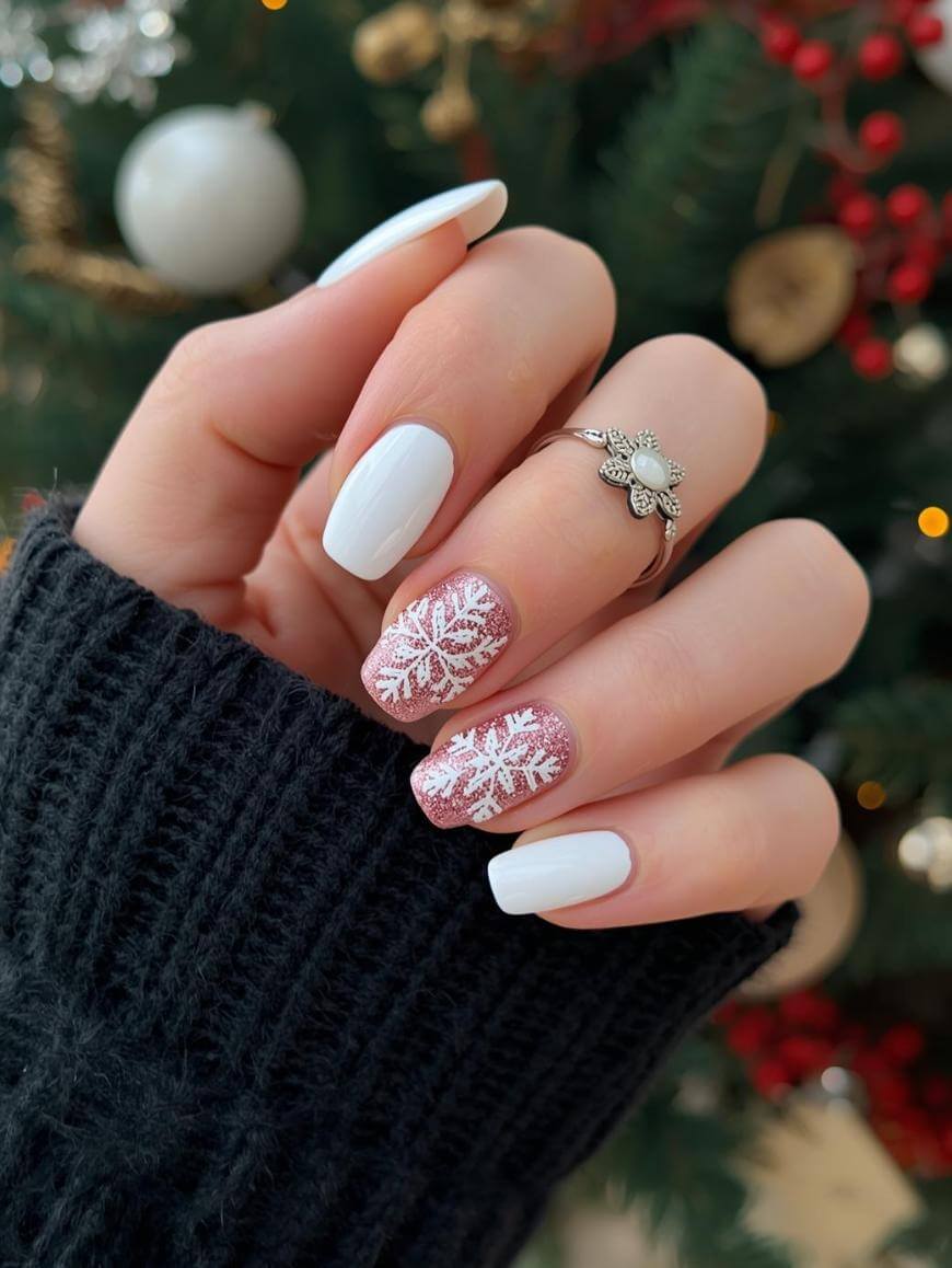 White Rose Gold Glitter Snowflake Nails White Rose Gold Glitter Snowflake Nails β Christmas Acrylic Nails 2026