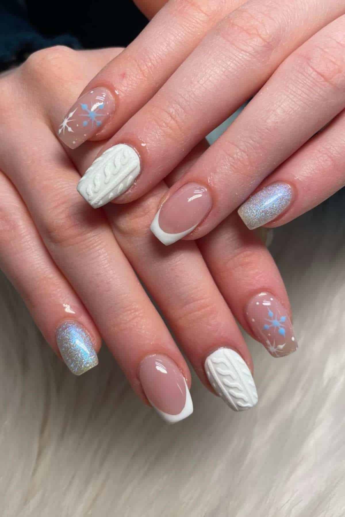 Winter French Tip & Cable Knit Coffin Nails — Cozy Winter Nails