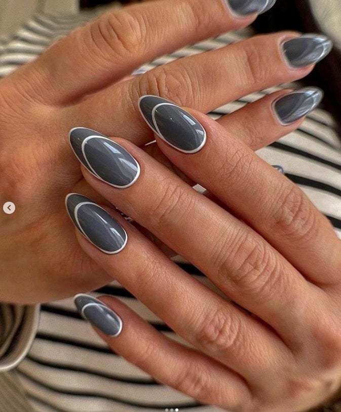 Double White Outline On Each Nail Visual Idea — Winter Gray Nails