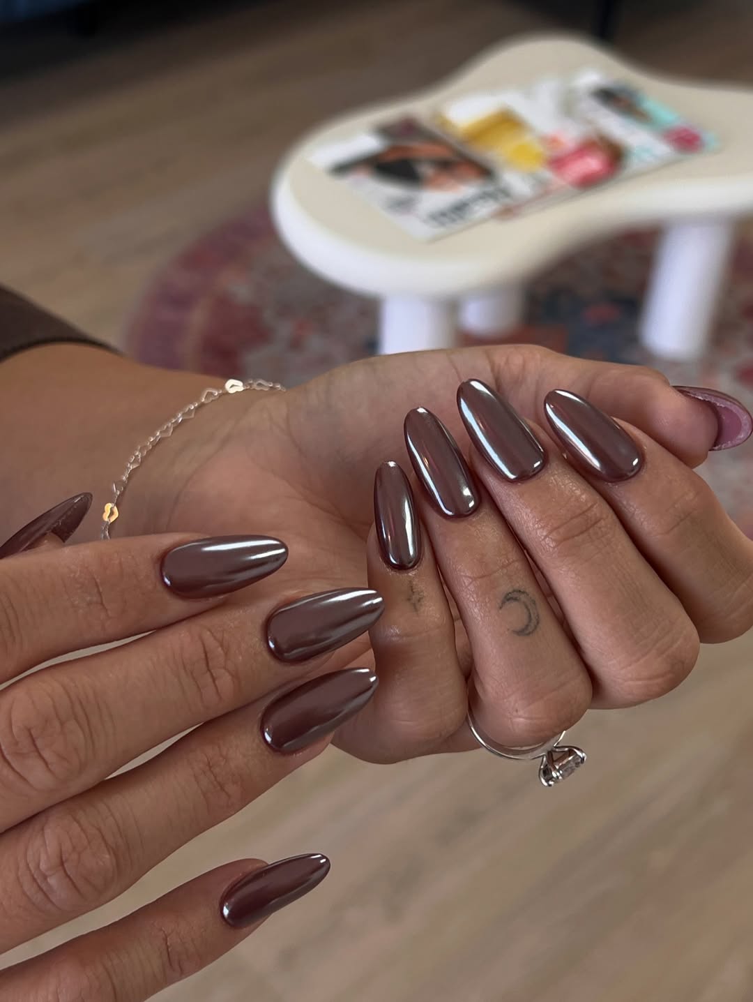 Metallic Chocolate Brown Chrome Medium Almond Nails — Chocolate Brown Nails