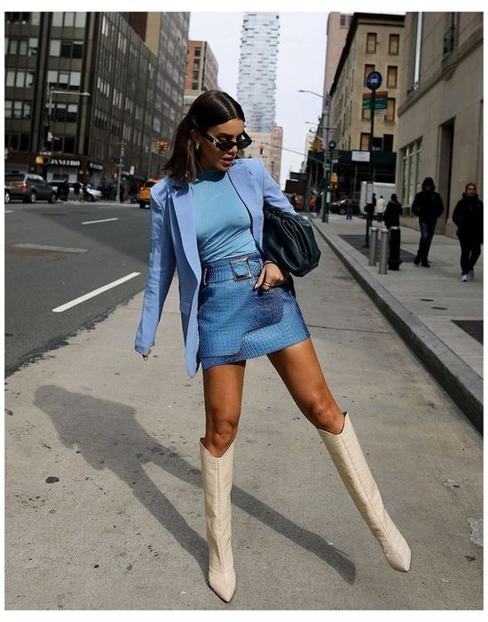 Blue Mini Skirt and Blazer with Cream Knee-High Boots — Over the Knee Boots Outfits