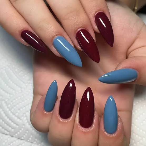 Color Block Deep Red Muted Blue Stilettos Color Block Deep Red Muted Blue Stilettos β Winter Nail Colors