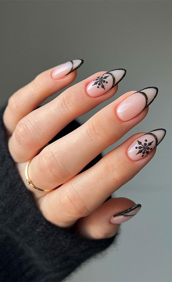 Black French Tips with Silver Glitter Outline — Winter Black Nails