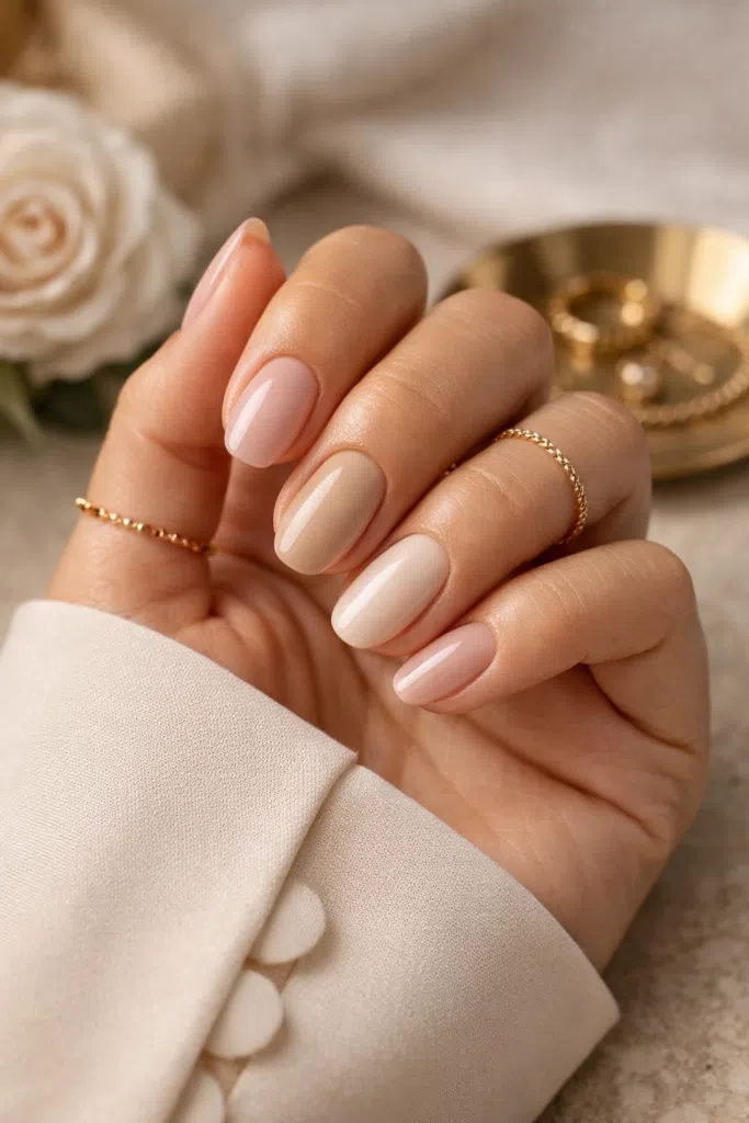 Milky Sheer Pearlescent Almond Nails — Short Winter Gel Nails