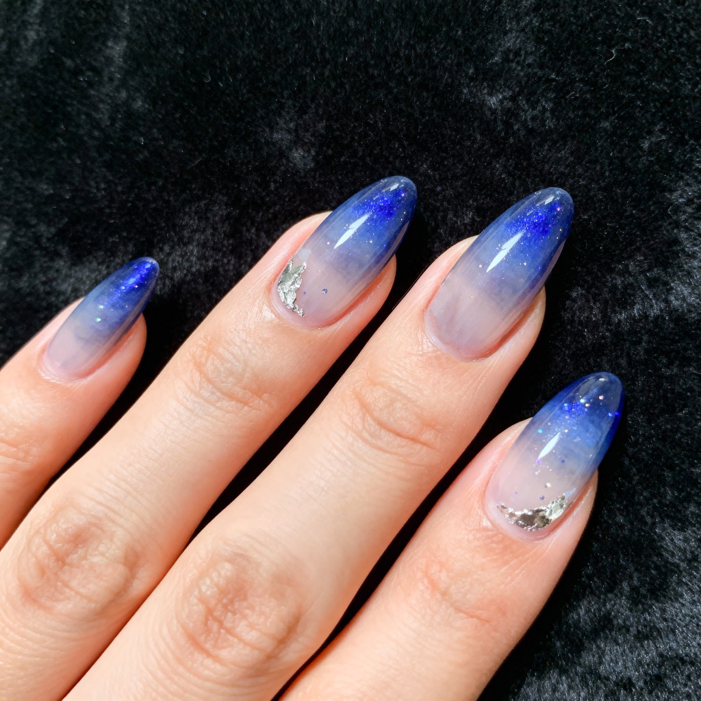 Blue to Pink Ombre Glitter Stilettos — Winter Acrylic Nails