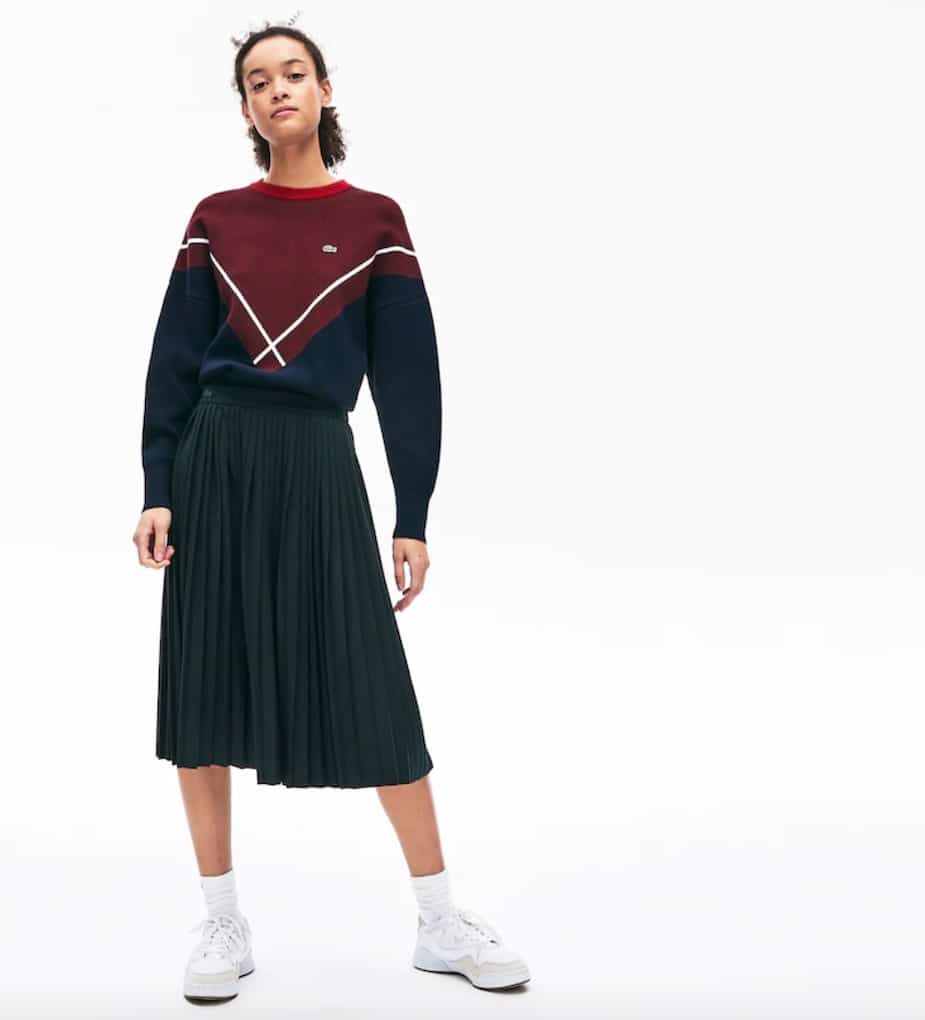Dark Green Pleated Midi Skirt with Colorblock Sweater Dark Green Pleated Midi Skirt with Colorblock Sweater β Winter Skirt Outfits