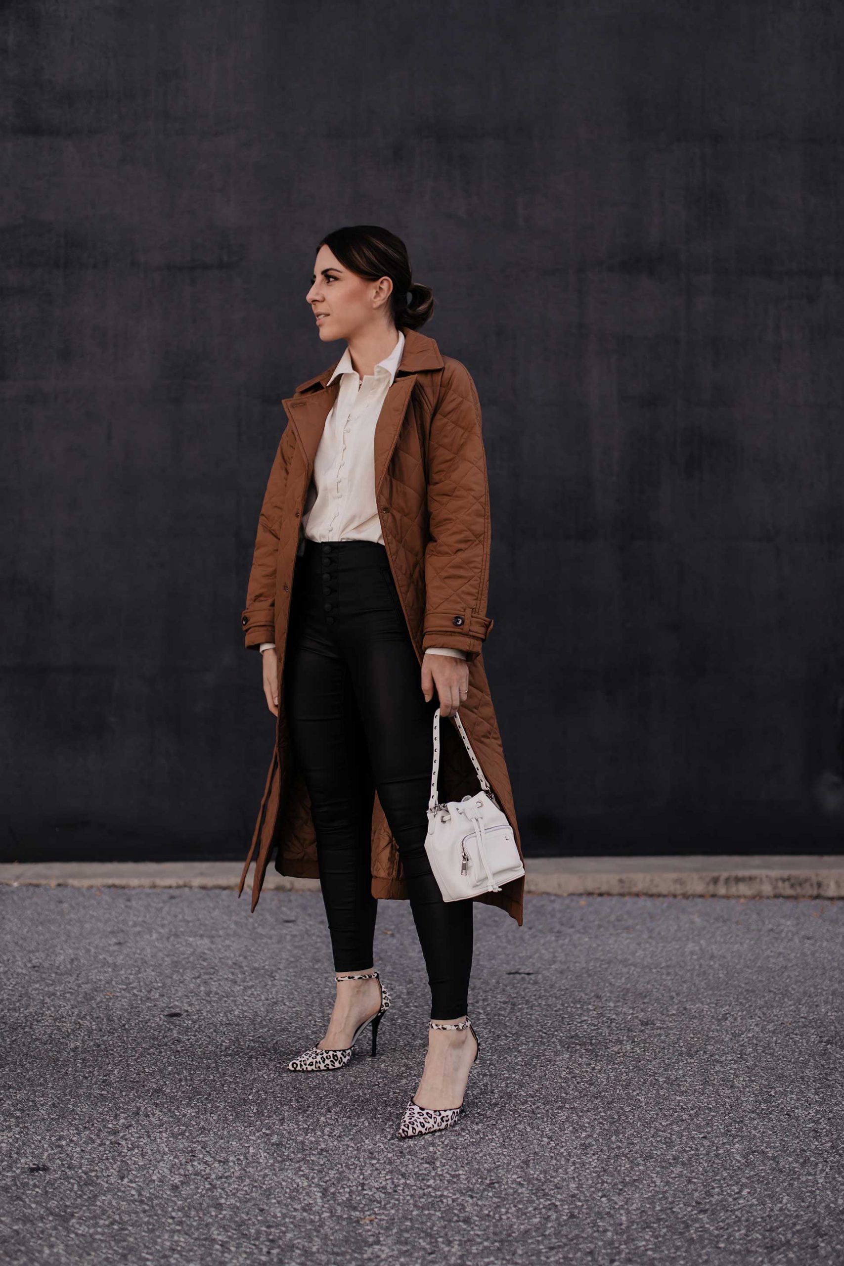 Fitted Black Leather Pants with Collared Shirt, Trench Coat, and Leopard Heels — Leather Pants Outfits