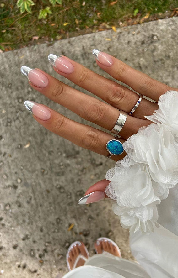 Glossy Chrome French Tips on Sheer Pink Glossy Chrome French Tips on Sheer Pink β Silver Chrome Nails