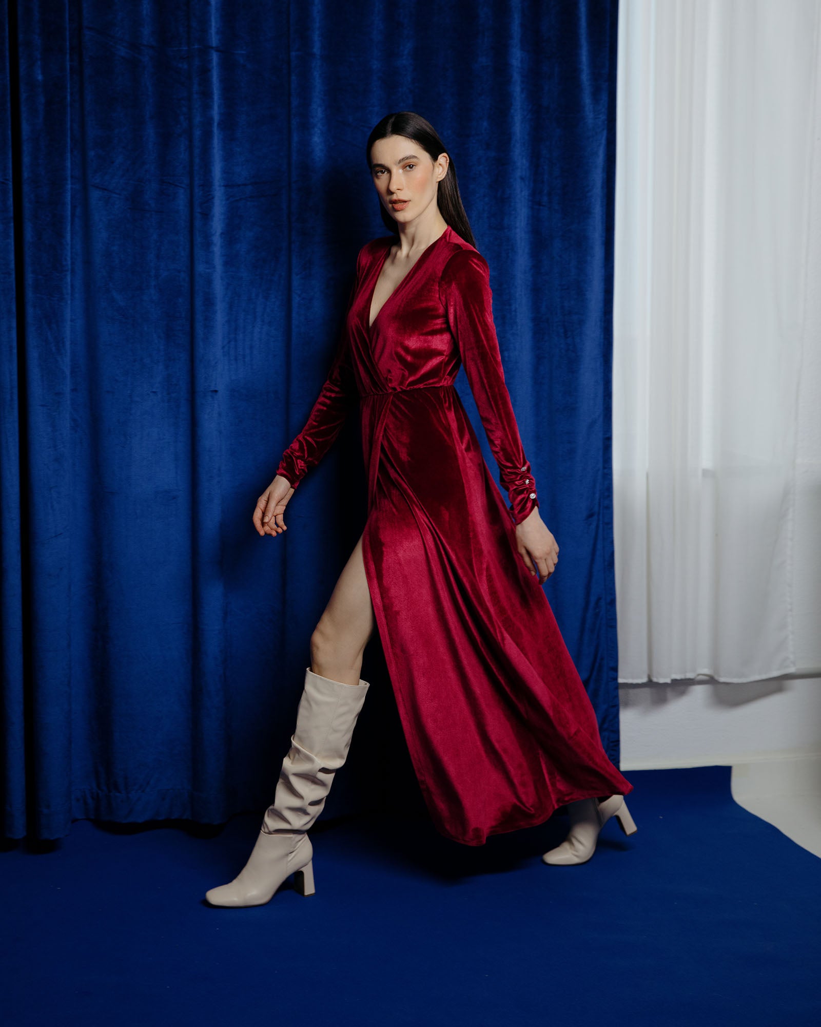 Bold Red Velvet Dress with Beige Knee-High Boots for Evening — Winter Boots Outfits