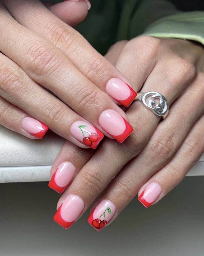 Short Square French with Cherry Art — Cherry Red Nails