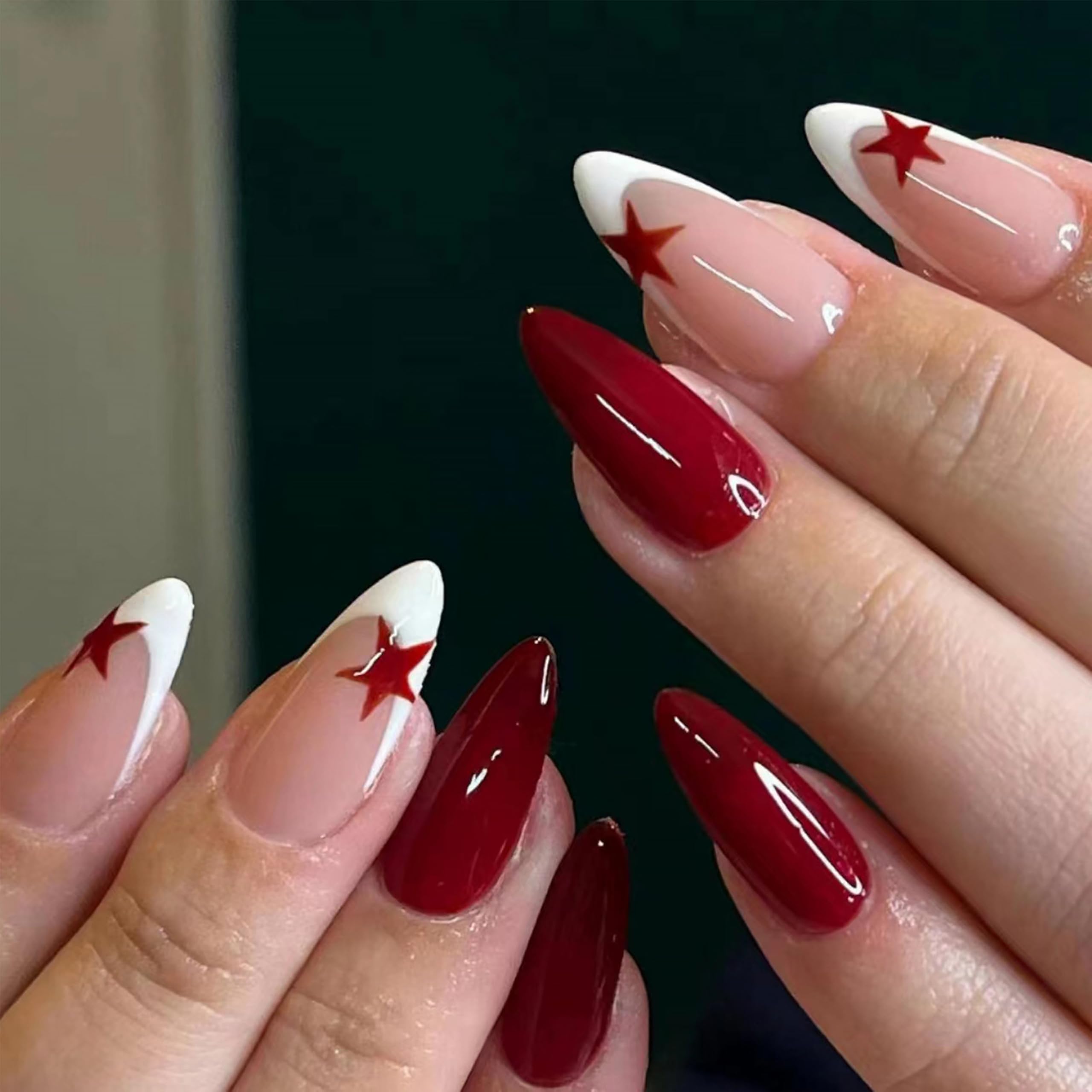 Long Stiletto French with Red Stars Long Stiletto French with Red Stars β Cherry Red Christmas Nails 2026