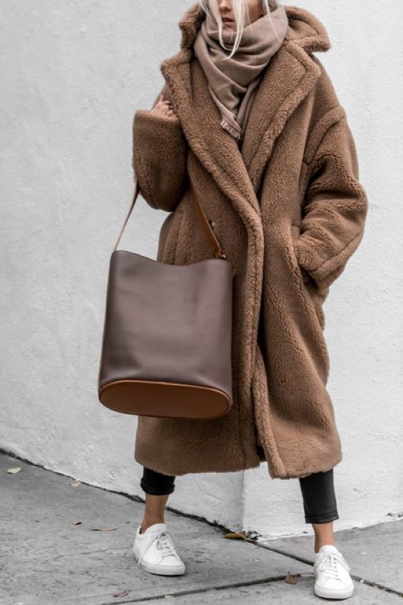 Oversized Brown Teddy Bear Shearling Coat with Leggings — Shearling Coat Outfits