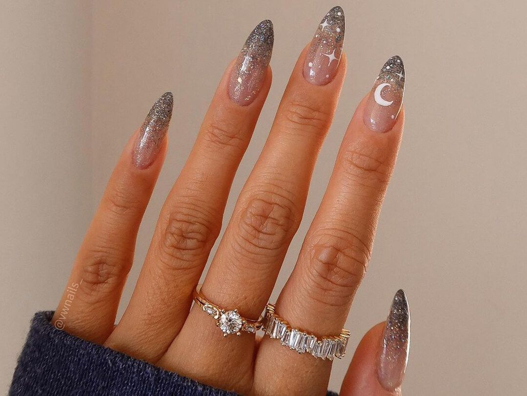 Long Stiletto Pink Glitter Ombre with Celestial Art Long Stiletto Pink Glitter Ombre with Celestial Art β Sparkly Winter Nails