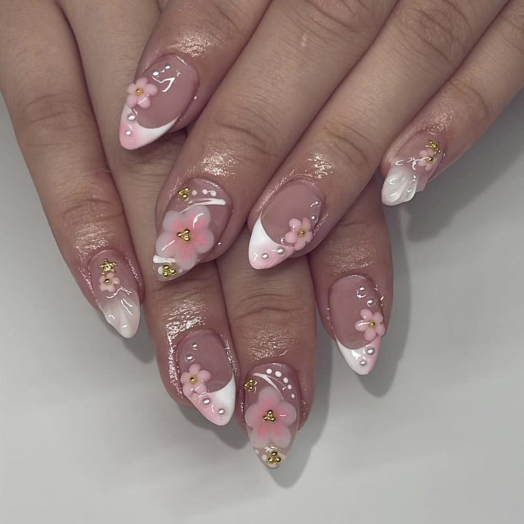 Glossy With Subtle Glitter Long Almond Floral French — Cute New Years Nails 2027