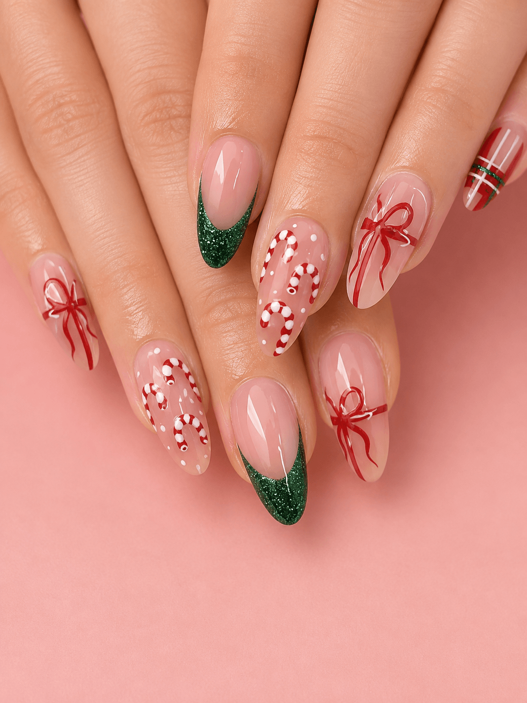 Festive Almonds with Glitter Green French Tips Festive Almonds with Glitter Green French Tips β Christmas Nail Art 2026
