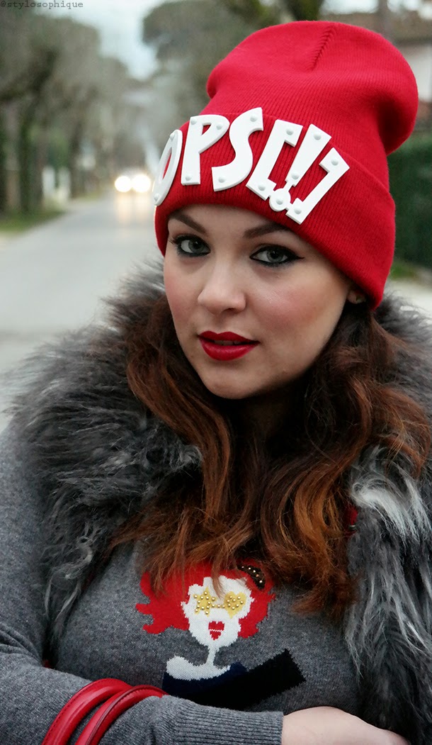 Grey Fur Collar with Graphic Sweater and Red Beanie — Fur Hat Outfits