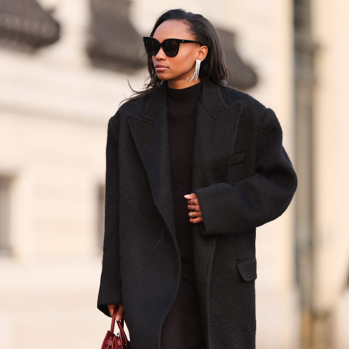 Textured Grey Coat with Sweater Vest and Trousers — Winter Coats for Women