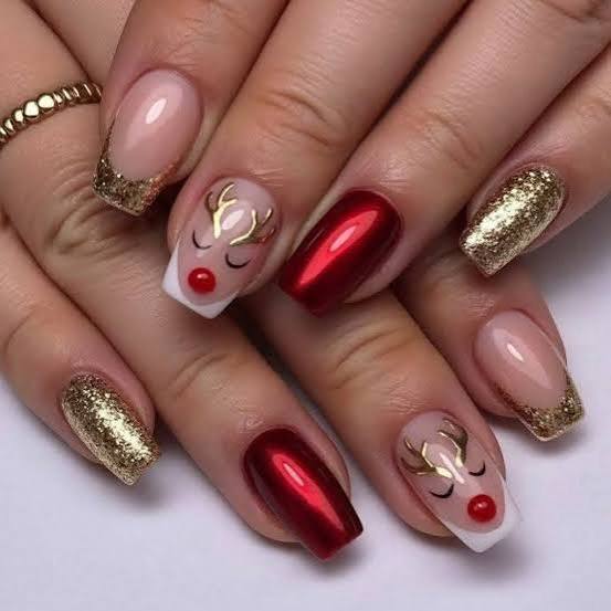 Red French Tips with Reindeer Nail Art Red French Tips with Reindeer Nail Art β Red and Gold Christmas Nails 2026