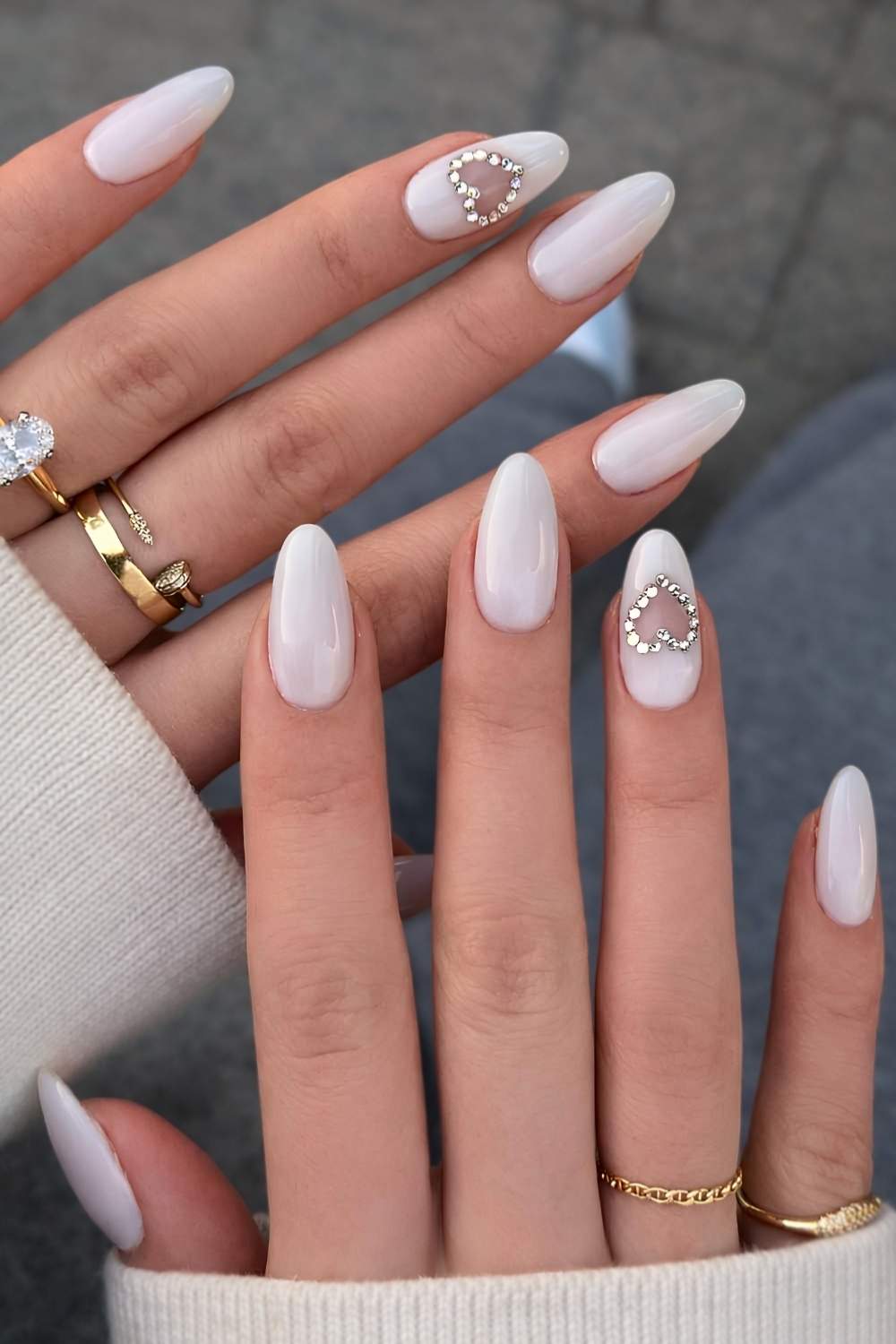 Milky White Heart Rhinestone Nails — Winter White Nails