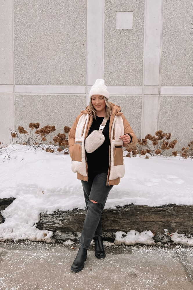 Shearling Trim Puffer Jacket with Ripped Jeans and Combat Boots — Neutral Winter Outfits