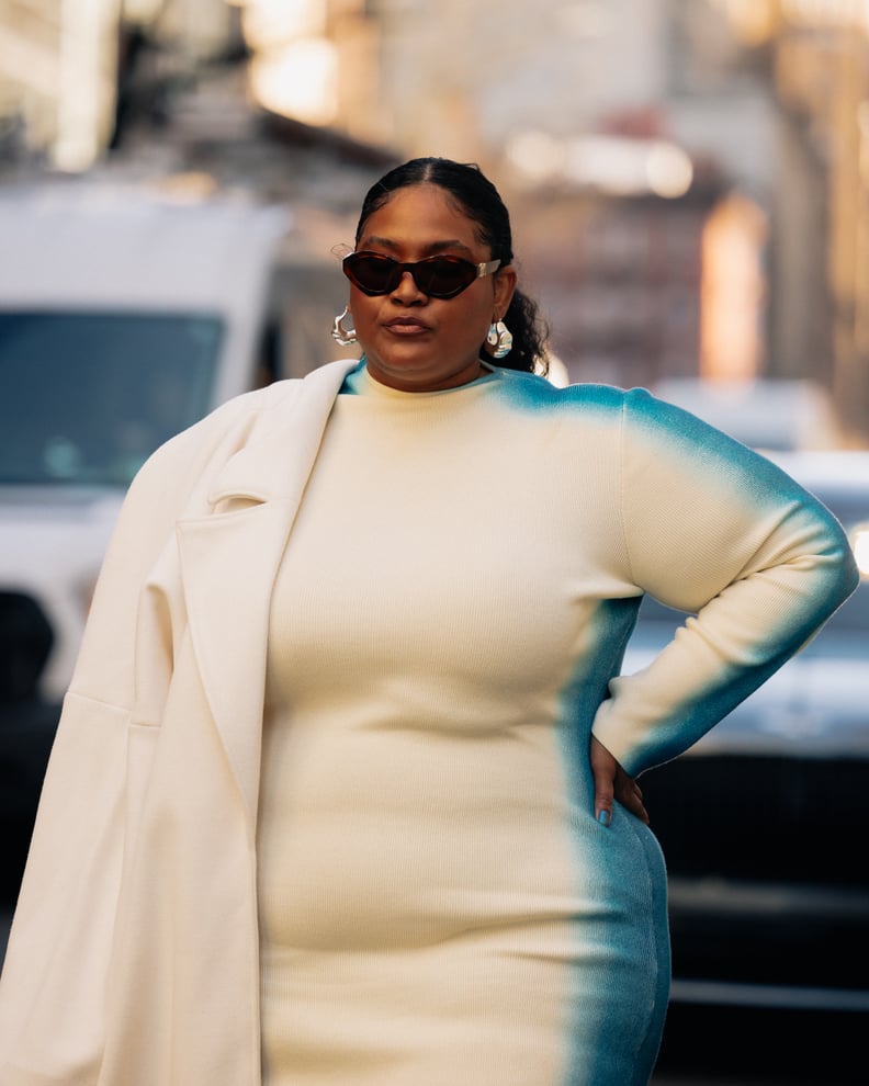 Knit Dress with Blue Ombre and Draped Coat — Winter Going Out Outfits
