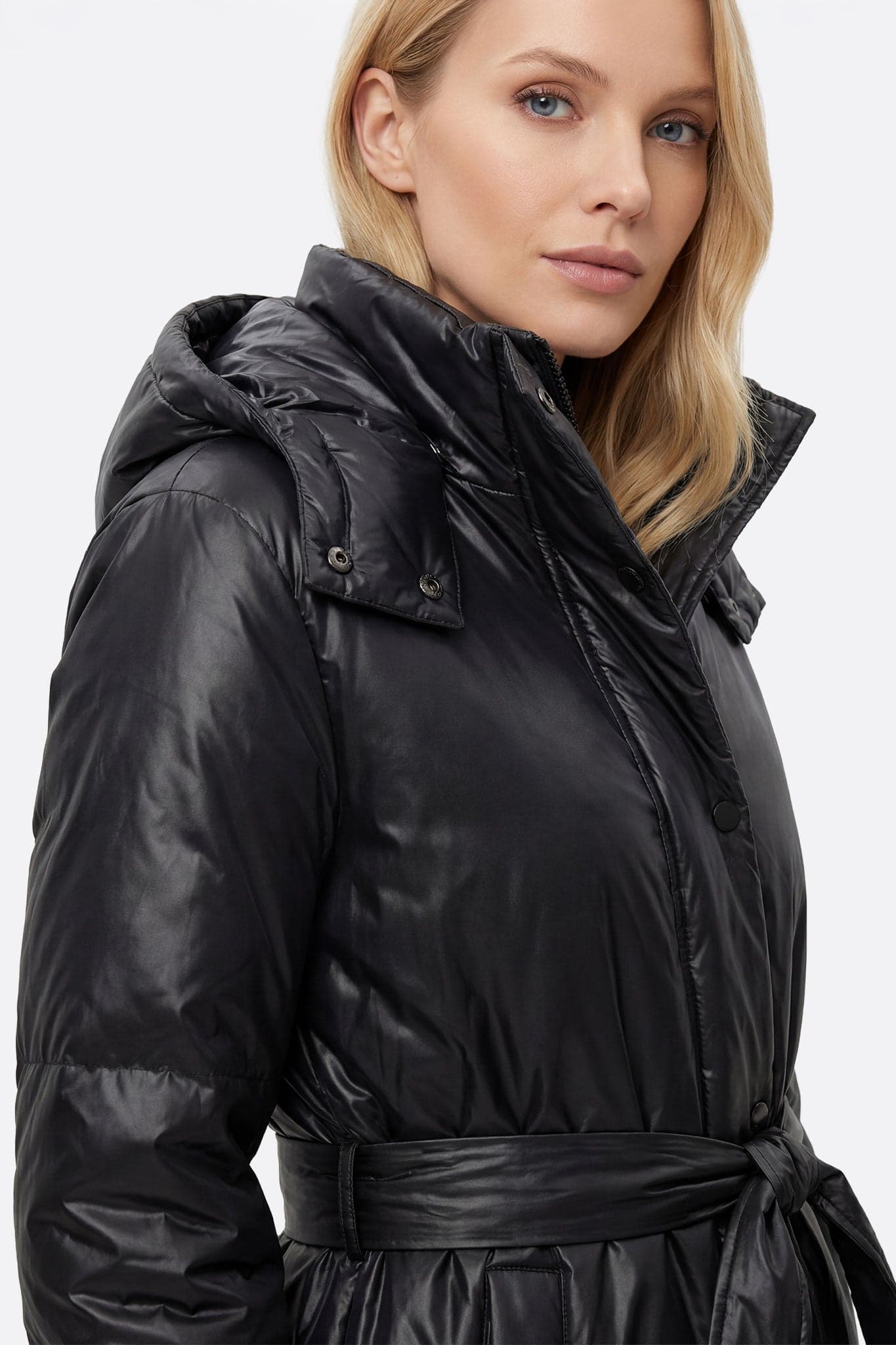 Belted Black Puffer Jacket Over Collared Shirt — Winter Puffer Jacket Outfits