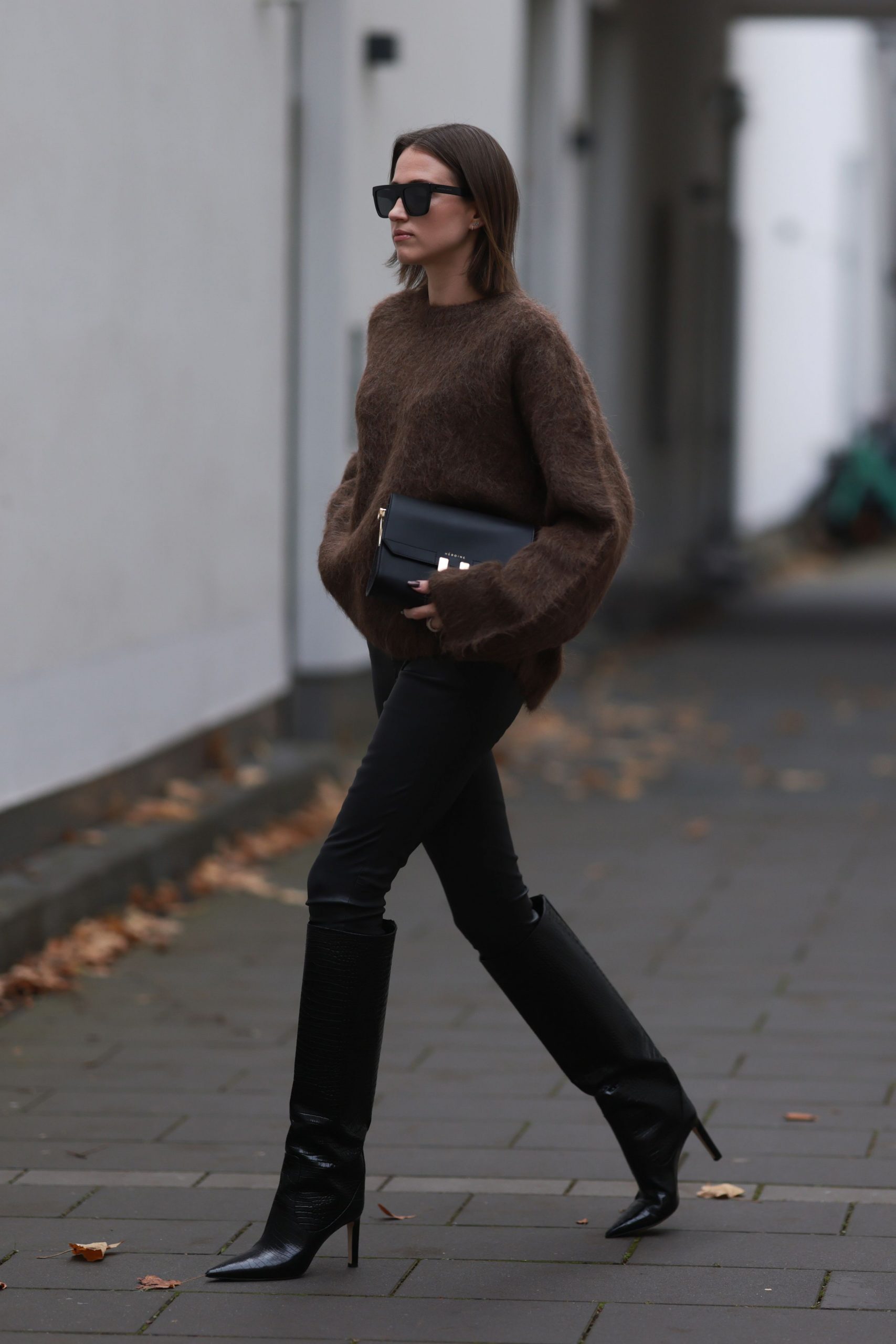 Edgy Texture Play: Snakeskin Boots with Fuzzy Sweater and Black Trousers Edgy Texture Play: Snakeskin Boots with Fuzzy Sweater and Black Trousers β Black Boots Outfits