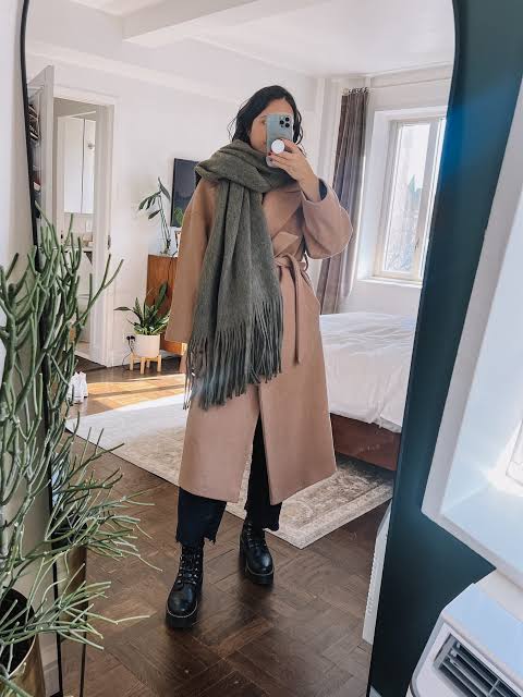 Camel Coat With Oversized Grey Scarf And Black Trousers — Camel Coat Outfits