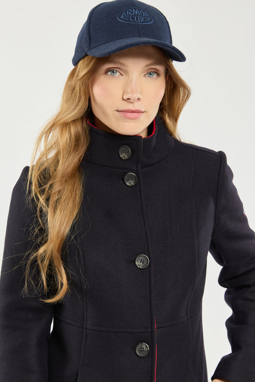 Fitted Navy Wool Coat with Red Lining Detail — Wool Coat Outfits
