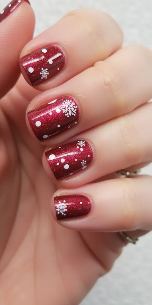 Short Square Shimmer Burgundy Snowflakes Short Square Shimmer Burgundy Snowflakes β Wine Christmas Nails 2026