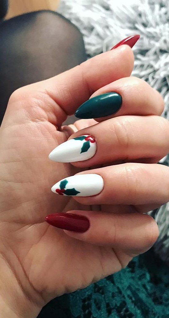 Holly Berry Art on Red and Green Holly Berry Art on Red and Green β Christmas Almond Nails 2026