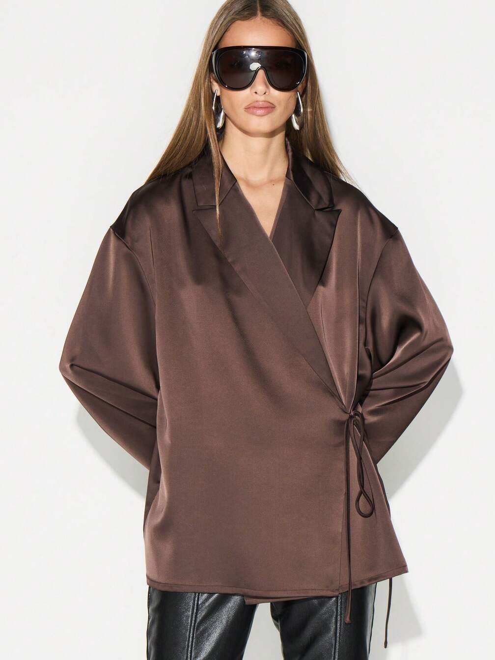 Chic Chocolate Brown Satin Wrap Blouse for Office Style Chic Chocolate Brown Satin Wrap Blouse for Office Style β Chocolate Brown Outfits