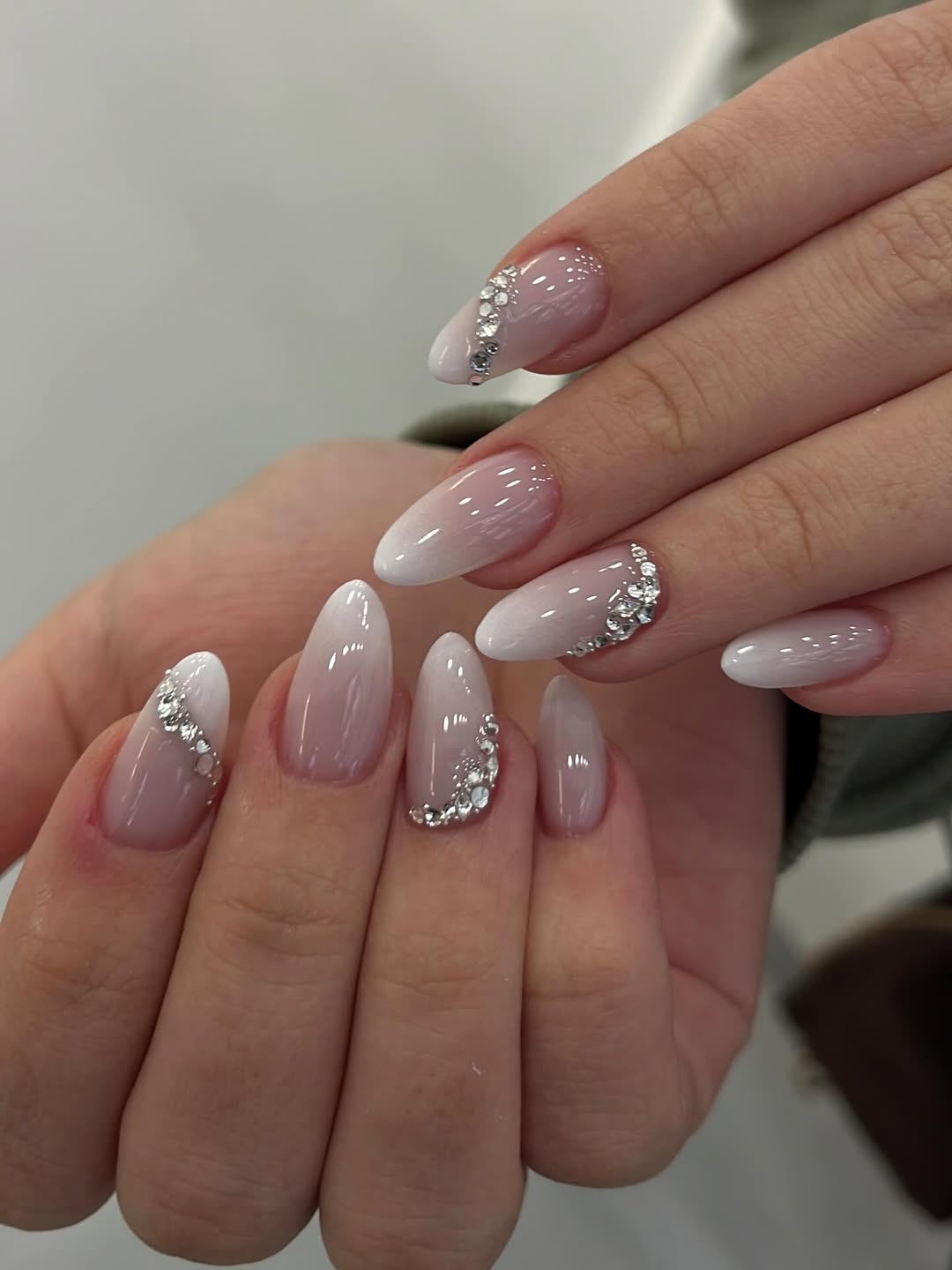 Nude to White Ombre Rhinestone Almond Nude to White Ombre Rhinestone Almond β Winter Wedding Nails