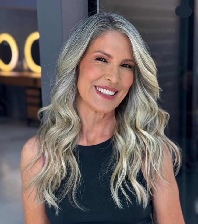 Mid-Back Grey With Blonde Highlights — Winter Haircuts for Women Over 40